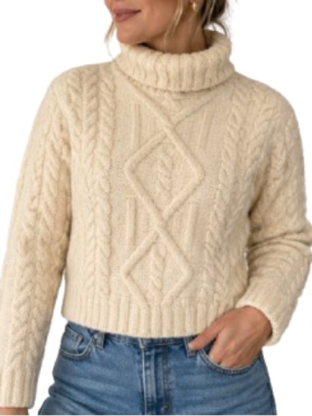 Inis Crafts Ireland Merino Wool Aran Cable Knit Cropped Turtleneck Sweater L